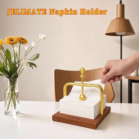 Napkin Holder for Table, Wooden Cocktail Napkin Holder with Golden Weighted Metal Arm, Farmhouse Square Napkin Dispenser for Kitchen Counter, Dining Table, Coffee Bar, Restaurant, Home Decor in Kuwait
