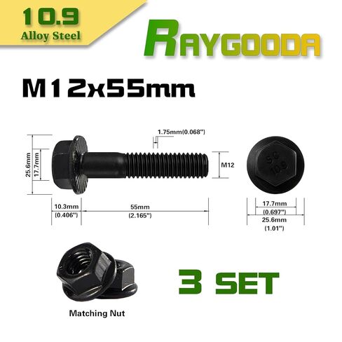 طقم صواميل ومسامير شفة M12-1.75x50mm 3 مجموعات - سبائك فولاذية من الدرجة 10.9، زنك أسود، خيط كامل، قفل ذاتي مسنن، مقاوم للاهتزاز للسيارات والآلات والخدمة الشاقة in Kuwait