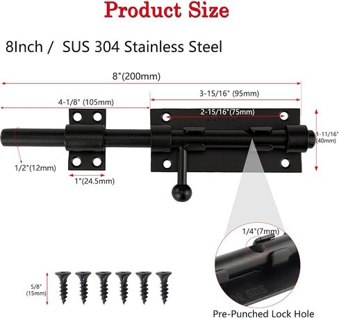 2Pack 304 Stainless Steel Slide Bolt Latches, Heavy-Duty Thickened Black Gate Door Latches, 8-Inch Security Bolt Locks for Shed, Fence, Barn, Garage (2 Pack) in Kuwait