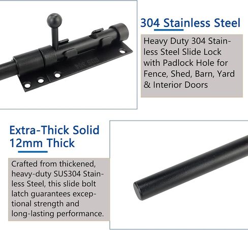 2Pack 304 Stainless Steel Slide Bolt Latches, Heavy-Duty Thickened Black Gate Door Latches, 8-Inch Security Bolt Locks for Shed, Fence, Barn, Garage (2 Pack) in Kuwait