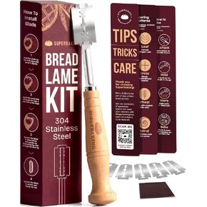 Superbaking Bread Lame - أداة تسجيل العجين المخمر مع 5 شفرات إضافية - لوازم الخبز للخبازين المنزليين - ماكينة حلاقة العجين المخمر - أدوات صنع الخبز - هدية للخبازين - مقبض خشبي كلاسيكي مريح in Kuwait
