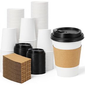 Lamosi 100 Pack 16 oz Disposable Coffee Cups with Lids and Sleeves, Leak-Proof To Go Paper Coffee Cups with Lids, Hot/Cold Beverage White Drinking Cup for Home, Office, Parties, Travel in Saudi Arabia
