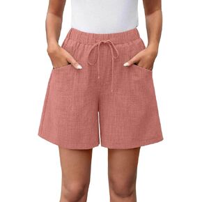 Womens Casual Bermuda Shorts Elastic Waist Cotton Linen with Pockets Drawstring High Elastic Waist 5 Inch Bottoms in Saudi Arabia