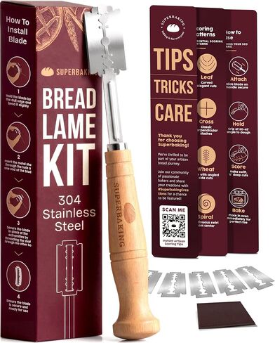 Superbaking Bread Lame - أداة تسجيل العجين المخمر مع 5 شفرات إضافية - لوازم الخبز للخبازين المنزليين - ماكينة حلاقة العجين المخمر - أدوات صنع الخبز - هدية للخبازين - مقبض خشبي كلاسيكي مريح in Kuwait