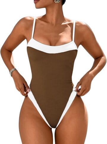 ChiaoLezhee Sexy Color Block Swimsuit, Cutout Back, Beach Vacation, High Leg Cut One Piece Cheeky Backless Bathing Suit in Kuwait