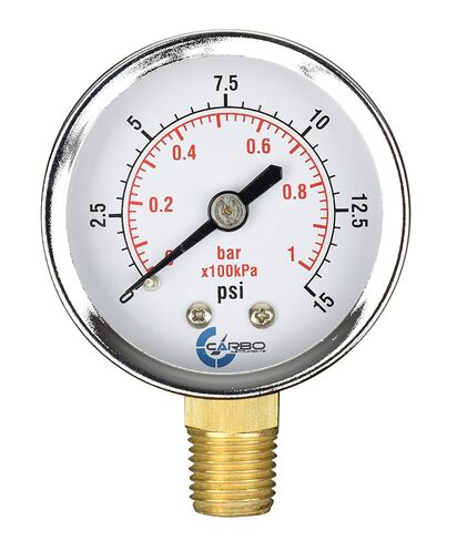 2" Pressure Gauge, Chrome Plated Steel Case, Dry, 0-15 psi/kPa, Lower Mount 1/4" NPT in Kuwait