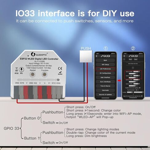 GLEDOPTO ESP32 وحدة تحكم LED WLED صغيرة مع ميكروفون DIY أوضاع ديناميكية للموسيقى DC 5 ~ 24V تعمل مع RGB IC الرقمي القابل للتوجيه WS2811 WS2812 SK6812 TM1814 WS2813 WS2815 شريط ضوء سهل الأسلاك in Kuwait