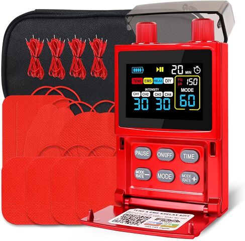 وحدة TENS Unit EMS محفز العضلات لتخفيف الآلام، مدلك نبض 4 قنوات 4 في 1، 60 وضعًا، 30 مستوى كثافة، شاشة LCD ملونة، قابلة لإعادة الشحن من النوع C، 10 وسادات لعرق النسا في الرقبة والكتف الخلفي in Kuwait