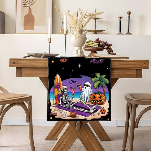 Summerween الجدول عداء الاستوائية القوطية هالوين في الصيف مخيف شبح الشاطئ زينة الحفلات المنزل المطبخ غرفة الطعام ديكور للطاولات in Kuwait