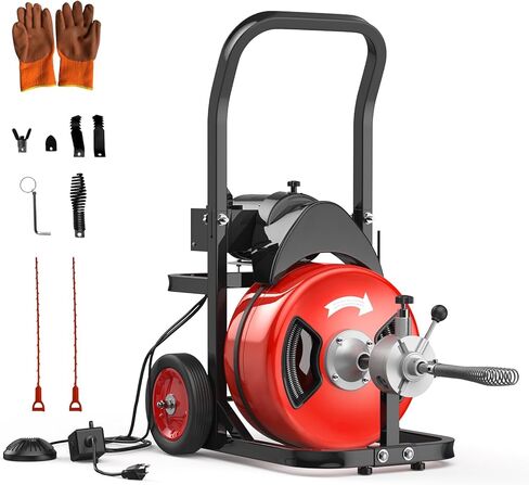 100Ft 3/4 Inch Electric Drain Cleaner Machine, 750W Auto Feed Sewer Snake Drain Auger with 6 Cutters & Air-Activated Foot Switch, Portable Electric Drain Cleaner for 4" to 8" Pipes in Kuwait