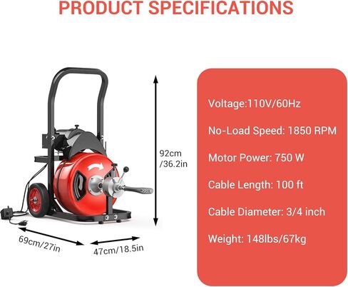 100Ft 3/4 Inch Electric Drain Cleaner Machine, 750W Auto Feed Sewer Snake Drain Auger with 6 Cutters & Air-Activated Foot Switch, Portable Electric Drain Cleaner for 4" to 8" Pipes in Kuwait