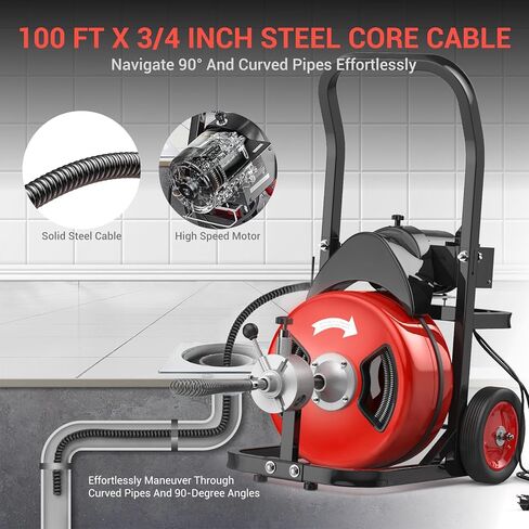100Ft 3/4 Inch Electric Drain Cleaner Machine, 750W Auto Feed Sewer Snake Drain Auger with 6 Cutters & Air-Activated Foot Switch, Portable Electric Drain Cleaner for 4" to 8" Pipes in Kuwait