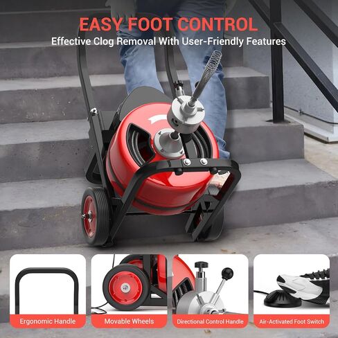 100Ft 3/4 Inch Electric Drain Cleaner Machine, 750W Auto Feed Sewer Snake Drain Auger with 6 Cutters & Air-Activated Foot Switch, Portable Electric Drain Cleaner for 4" to 8" Pipes in Kuwait