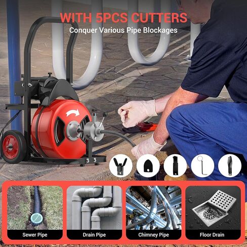 100Ft 3/4 Inch Electric Drain Cleaner Machine, 750W Auto Feed Sewer Snake Drain Auger with 6 Cutters & Air-Activated Foot Switch, Portable Electric Drain Cleaner for 4" to 8" Pipes in Kuwait