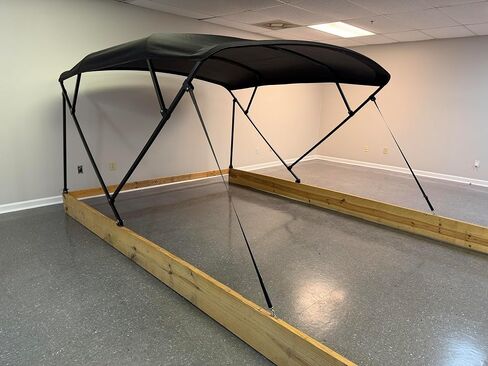 Cypress Rowe Outfitters Pontoon Boat Bimini Top، إطار مربع مطلي بمسحوق أسود، قماش أسود، بطول 8 إلى 12 بوصة، عرض 8 1/2 بوصة، طقم ممتاز كامل مع حذاء الأجهزة، Big League Biminis in Kuwait