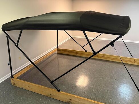 Cypress Rowe Outfitters Pontoon Boat Bimini Top، إطار مربع مطلي بمسحوق أسود، قماش أسود، بطول 8 إلى 12 بوصة، عرض 8 1/2 بوصة، طقم ممتاز كامل مع حذاء الأجهزة، Big League Biminis in Kuwait