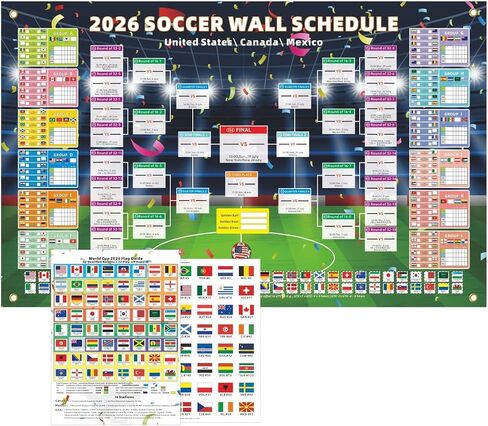 2026 كأس العالم 43 × 70 بوصة لكرة القدم، راية المناطق الزمنية EDT - تركيبات مرحلة المجموعات، جدول خروج المغلوب المسمى بجدول الأمة، ملصق بطاقة الأمة، دليل البطولة، مخطط الحائط ديكور للمنزل للحفلات in Kuwait