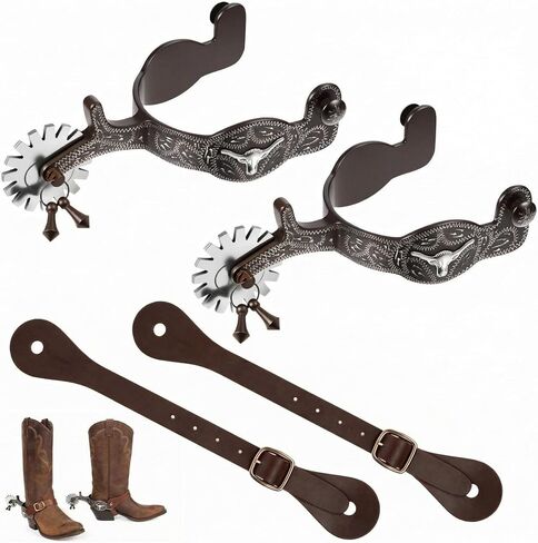 2 Pack Western Cowboy Spurs Paired with 2 Pcs 6 Holes Belt for Boot, English Horse Spur Strap with Rotatable Gear, Leather for Rodeo, Women Men Boot Equipment West Accessories in Kuwait