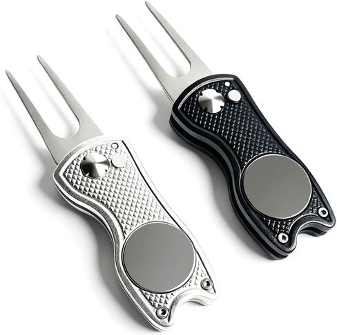 Golf Divot Repair Tools for Golfers, 2Pack All Metal Divot Repair Tools with Ball Marker and a Pop-up Button, Foldable Golf Green Fork Tool Black and Sliver in Kuwait