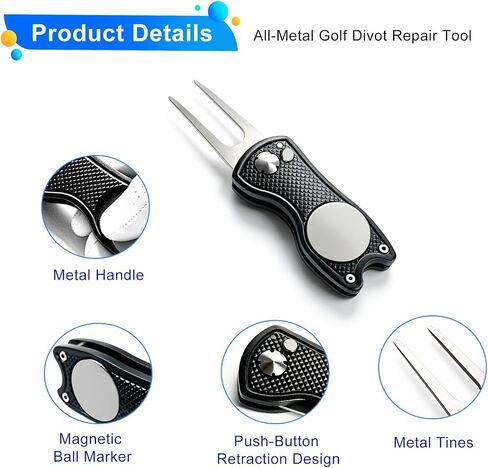 Golf Divot Repair Tools for Golfers, 2Pack All Metal Divot Repair Tools with Ball Marker and a Pop-up Button, Foldable Golf Green Fork Tool Black and Sliver in Kuwait