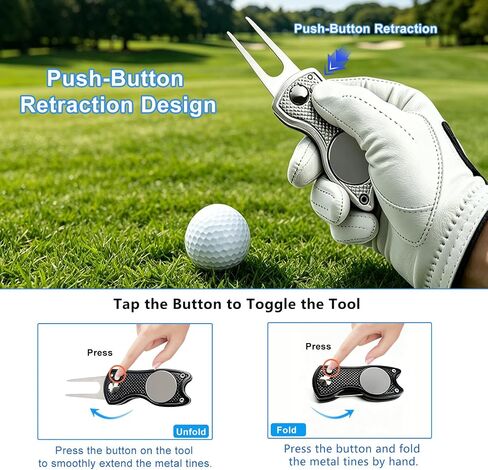 Golf Divot Repair Tools for Golfers, 2Pack All Metal Divot Repair Tools with Ball Marker and a Pop-up Button, Foldable Golf Green Fork Tool Black and Sliver in Kuwait