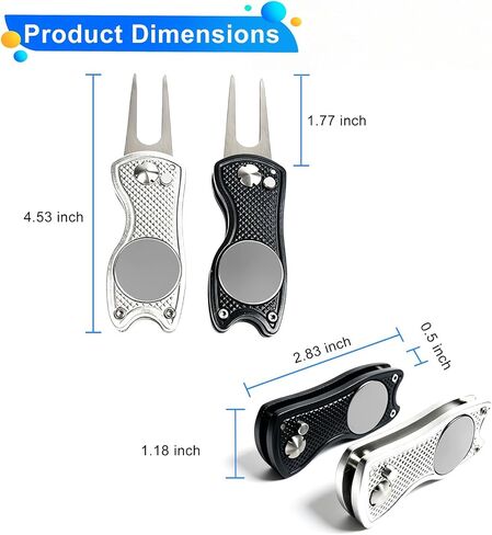 Golf Divot Repair Tools for Golfers, 2Pack All Metal Divot Repair Tools with Ball Marker and a Pop-up Button, Foldable Golf Green Fork Tool Black and Sliver in Kuwait