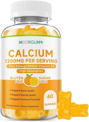 Calcium Citrate Gummies for Kids, Adult - 1200 mg with Vitamin D3 1000IU - Support Bone, Teeth, Immune Health, High Absorption Calcium and Vitamin D Supplement, Orange Flavor, 60 Count in Saudi Arabia