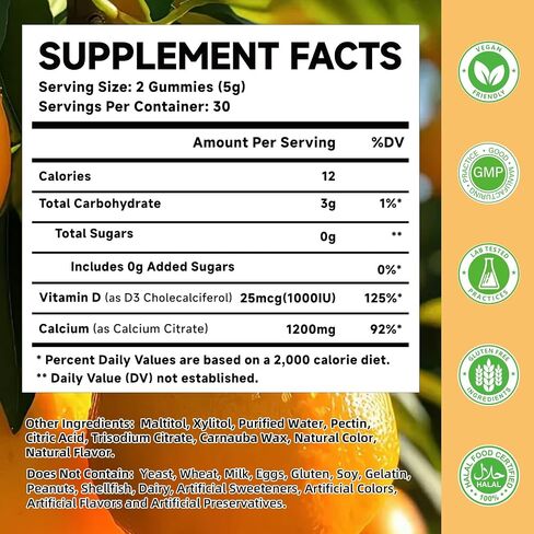 Calcium Citrate Gummies for Kids, Adult - 1200 mg with Vitamin D3 1000IU - Support Bone, Teeth, Immune Health, High Absorption Calcium and Vitamin D Supplement, Orange Flavor, 60 Count in Saudi Arabia