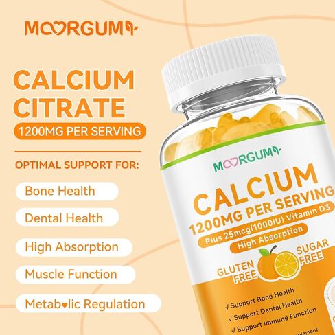 Calcium Citrate Gummies for Kids, Adult - 1200 mg with Vitamin D3 1000IU - Support Bone, Teeth, Immune Health, High Absorption Calcium and Vitamin D Supplement, Orange Flavor, 60 Count in Saudi Arabia