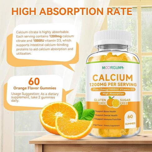 Calcium Citrate Gummies for Kids, Adult - 1200 mg with Vitamin D3 1000IU - Support Bone, Teeth, Immune Health, High Absorption Calcium and Vitamin D Supplement, Orange Flavor, 60 Count in Saudi Arabia