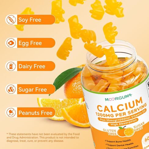 Calcium Citrate Gummies for Kids, Adult - 1200 mg with Vitamin D3 1000IU - Support Bone, Teeth, Immune Health, High Absorption Calcium and Vitamin D Supplement, Orange Flavor, 60 Count in Saudi Arabia