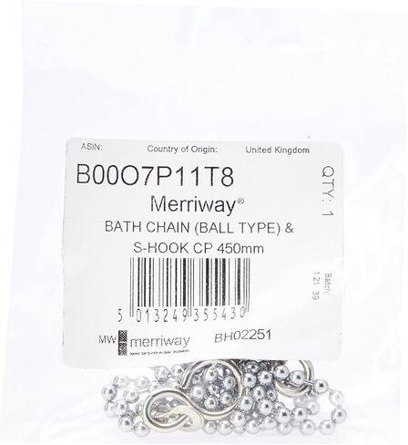 Merriway® BH02251 سلسلة حوض الاستحمام/الحوض مع خطاف 'S'، نوع الكرة، فولاذ مطلي بالكروم - طول 450 مم (18 بوصة) in Kuwait