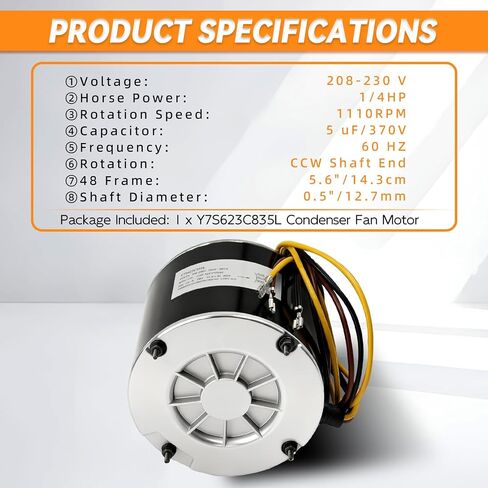 Y7S623C835L Condenser Fan Motor 1/4 HP 208-230V 1110 RPM Compatible with Zhongshan Broad-Ocean Fit for Carrier Replace HC39GE226 HC39CQ230 5KCP39FGY563S in Kuwait