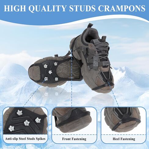 Non Slip Ice Cleats for Shoes and Boots, Ice Snow Gripper Shoe/Boot Traction Cleats with 8 Stainless Steel Spikes, Winter Outdoor Anti-Slip Crampons for Walking, Climbing and Hiking in Kuwait