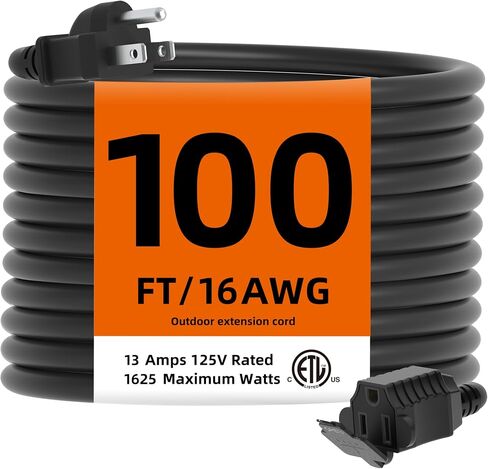 TiFFCOFiO سلك تمديد داخلي خارجي مقاوم للماء، سلك طاقة 100 قدم 3 شقوق للمنزل والحديقة، 16 AWG، 13A/1625W، مدرج في قائمة ETL in Kuwait