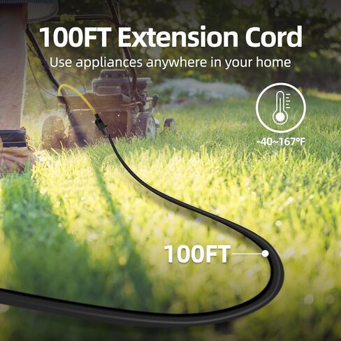TiFFCOFiO سلك تمديد داخلي خارجي مقاوم للماء، سلك طاقة 100 قدم 3 شقوق للمنزل والحديقة، 16 AWG، 13A/1625W، مدرج في قائمة ETL in Kuwait