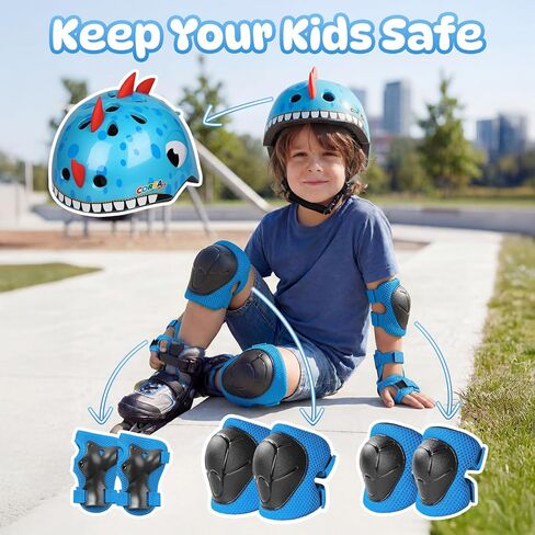 Toddler Kids Dinosaur Bike Helmet and Pad Set, Adjustable Protective Gear with Knee Elbow Pads and Wrist Guard, Bicycle Helmet Safety Gear for Child Boys Girls Ages 1-8 in Saudi Arabia