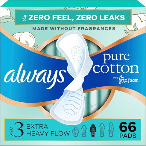 Always Pure Cotton Feminine Pads for Women, FlexFoam Pads with Wings, Size 3, Extra Heavy Flow Absorbency, Unscented, 66 Count (3 Packs of 22) in Saudi Arabia
