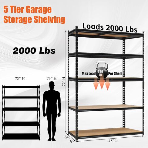 Heavy Duty Garage Shelving Units,5-Tier Adjustable Storage Shelves,48 x 18 x 72in,Loads 3000 LBSS,Adjustable Garage Storage Shelving, Metal Storage Utility Racks Shelf Unit (48x18x72 Inch) in Kuwait