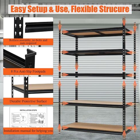 Heavy Duty Garage Shelving Units,5-Tier Adjustable Storage Shelves,48 x 18 x 72in,Loads 3000 LBSS,Adjustable Garage Storage Shelving, Metal Storage Utility Racks Shelf Unit (48x18x72 Inch) in Kuwait