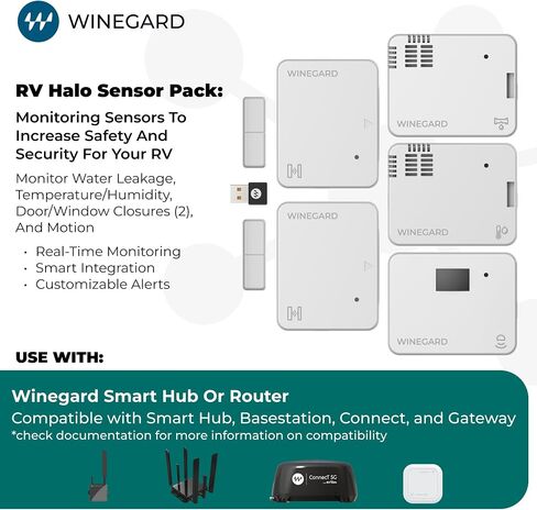 حزمة مستشعر Winegard HS‑K001 RV Halo - الاتصال ودرجة الحرارة والرطوبة والماء وأجهزة استشعار الحركة PIR - دونجل بلوتوث - مجموعة أجهزة استشعار متعددة لنظام RV Halo الذكي in Kuwait