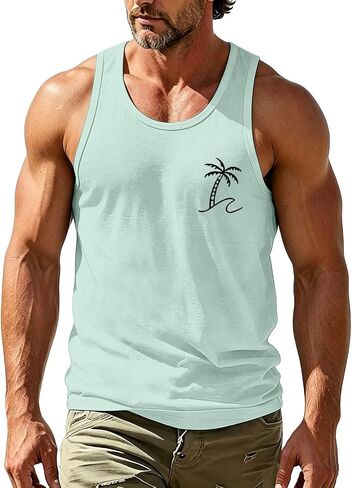 Men Coconut Tree Graphic Tank Tops Summer Beach Vacation Print Tee U Neck Sleeveless T Shirts Plus Size Casual Tanks in Kuwait