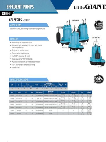 Little Giant 506802 6EC Series 1/3 حصان مضخة مستنقع يدوية بقاعدة بلاستيكية in Kuwait