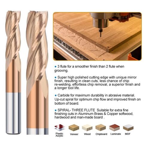 3 Flute CNC Router Bits Solid Carbide End Mill TiCN Coated Spiral Milling Cutter for Woodworking 1/4-Inch Shank in Kuwait