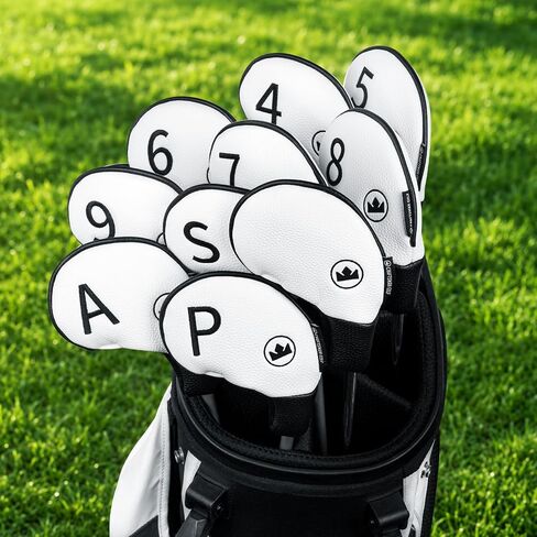 مجموعة أغطية رأس من جلد البولي يوريثان الفاخر من Craftsman Golf مكونة من 10 قطع مع رقم النادي المطرز (4-9، PW، AW، SW، فارغ) بطانة واقية ناعمة هدية مناسبة للرجال والنساء in Kuwait