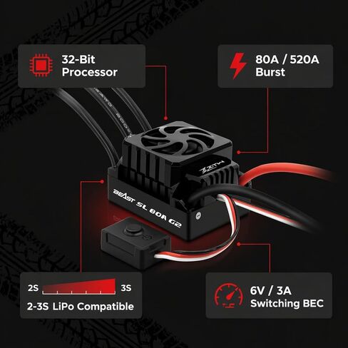 ZTW Beast G2 SL 80A ESC 2-3S Waterproof Sensorless Brushless Speed Controller 6V/3A SBEC for 1/10 RC Car RTR Truck Buggy in Saudi Arabia