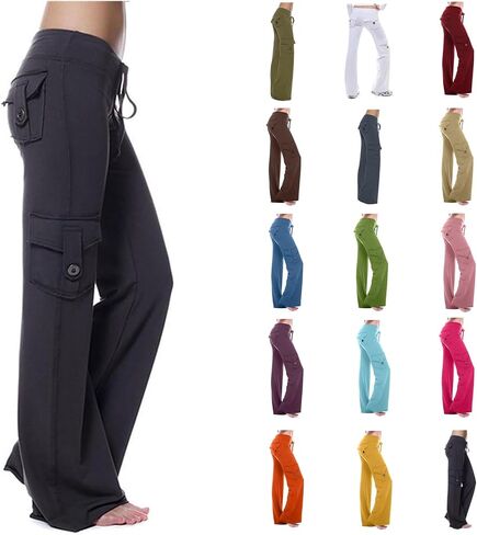 سروال يوجا Bootcut للسيدات مع جيوب كارجو مقاس كبير، سروال ضيق قابل للتمدد ومضيء عالي الخصر وواسع الساق in Kuwait