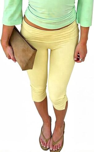Women Fold Over Waist Capri Leggings Low Rise Split Hem 3/4 Length Skinny Pants Casual Slim Fit Cropped Yoga Pants in Kuwait