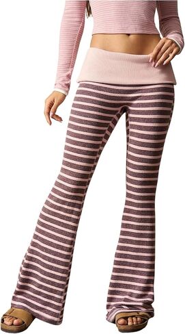 Floerns Women's Casual Fold Over Leggings Striped Flare Low Rise Lounge Yoga Pants in Kuwait