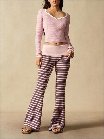 Floerns Women's Casual Fold Over Leggings Striped Flare Low Rise Lounge Yoga Pants in Kuwait